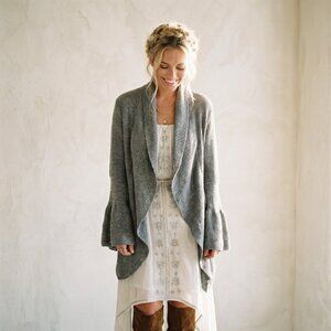 Anthropologie Bell Sleeve Ruffle Cocoon Cardigan Grey Cozy Sleeping on Snow